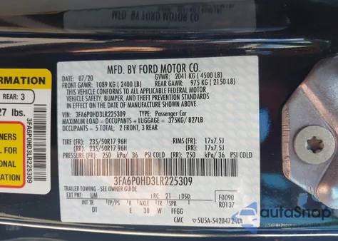 2020 Ford Fusion Se из США, поврежденный, VIN 3FA6P0HD3LR225309